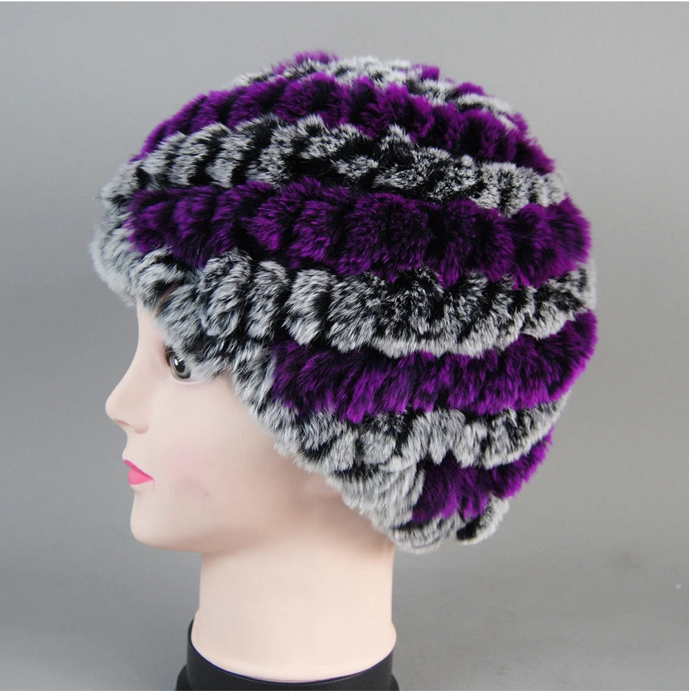 Real Rex Rabbit Winter Fur Hat For Women Russian Real Fur Knitted Cap