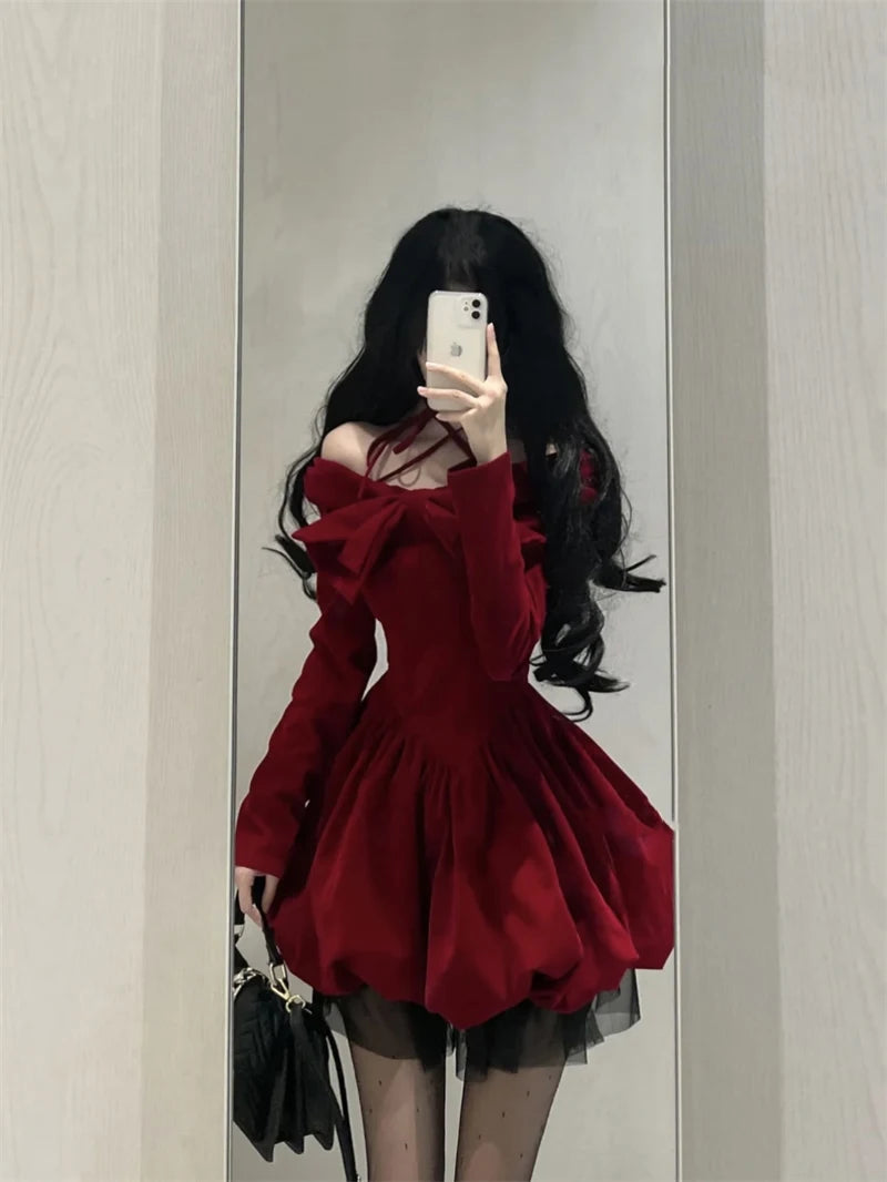 Y2K Sexy Slash Neck Red Velvet Dresses Winter Kawaii Christmas Party