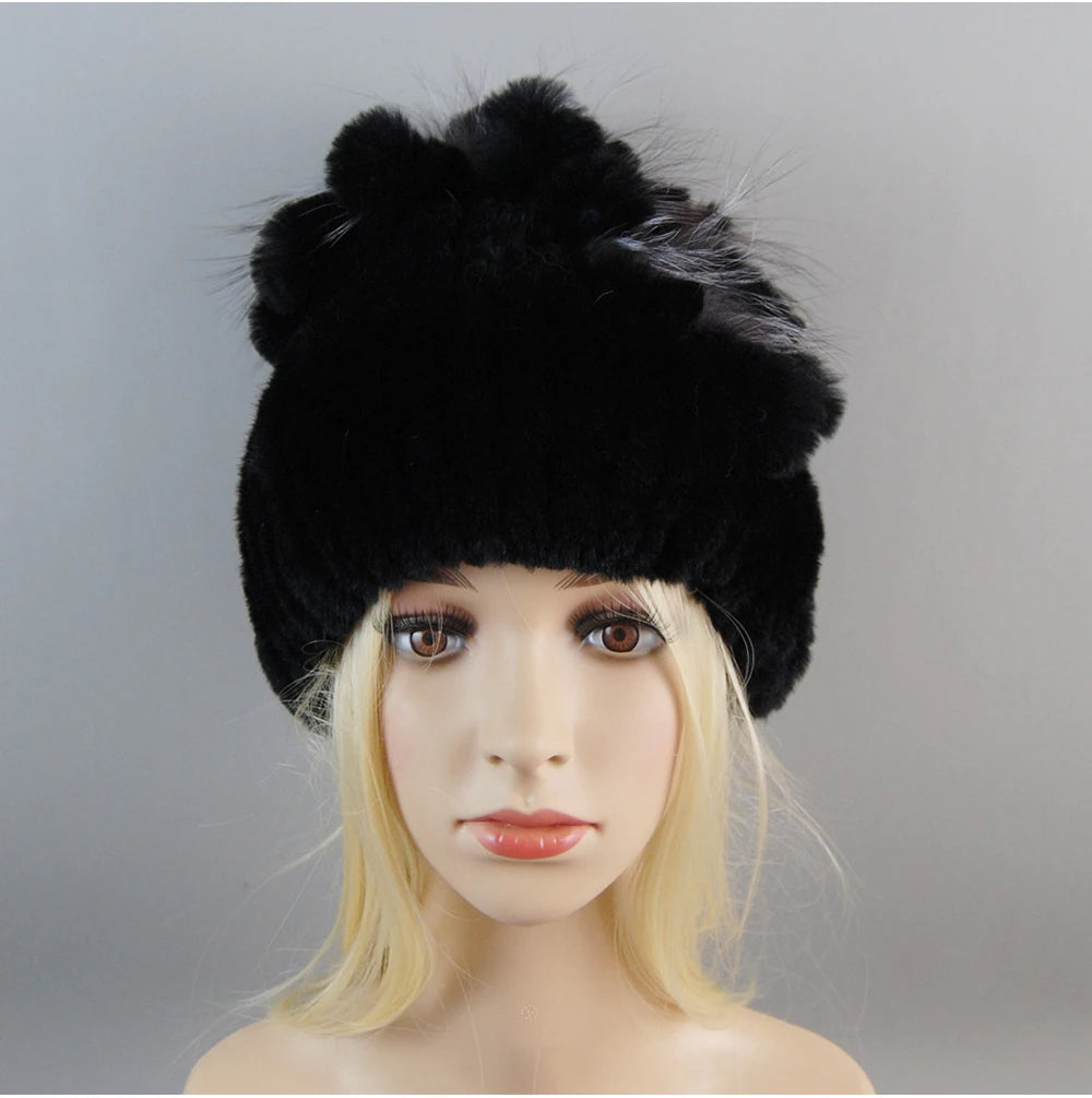 Luxury Women Fur Hat For Winter Handmade Natural Rex Rabbit Fox .