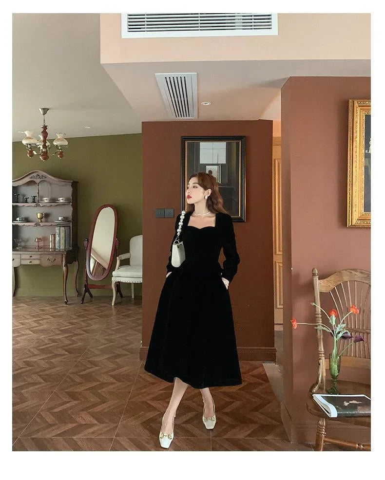 Gold Velvet Women's Dress Elegant Waist-Cinching Ladylike Style