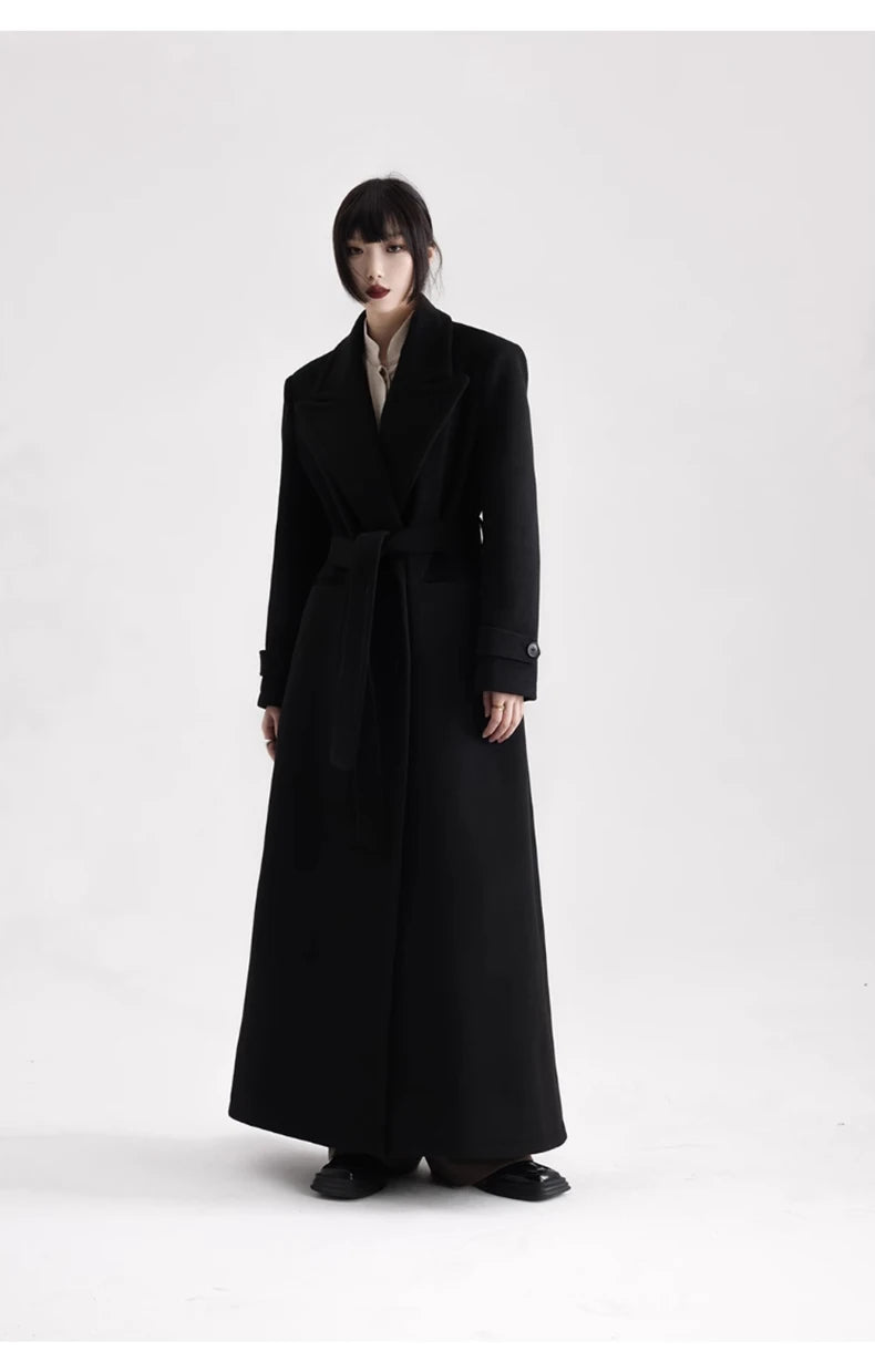 Winter Luxury Extra Long Black Warm Soft Wool & blends Coat for Women