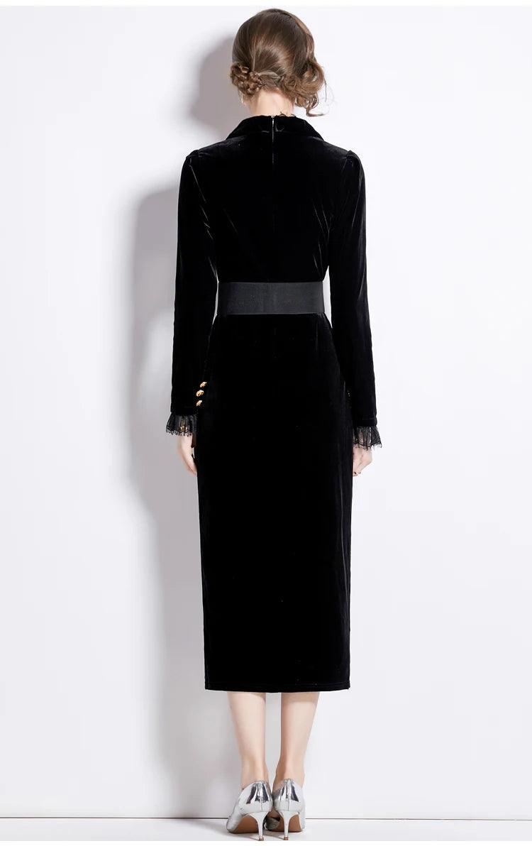 V-Neck Velvet Dress Women Long Sleeve Fashion Metre Buttons Split Sheath