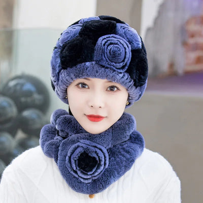 Winter Fur Hat Scarf Sets Natural Warm Real Rex Rabbit Fur