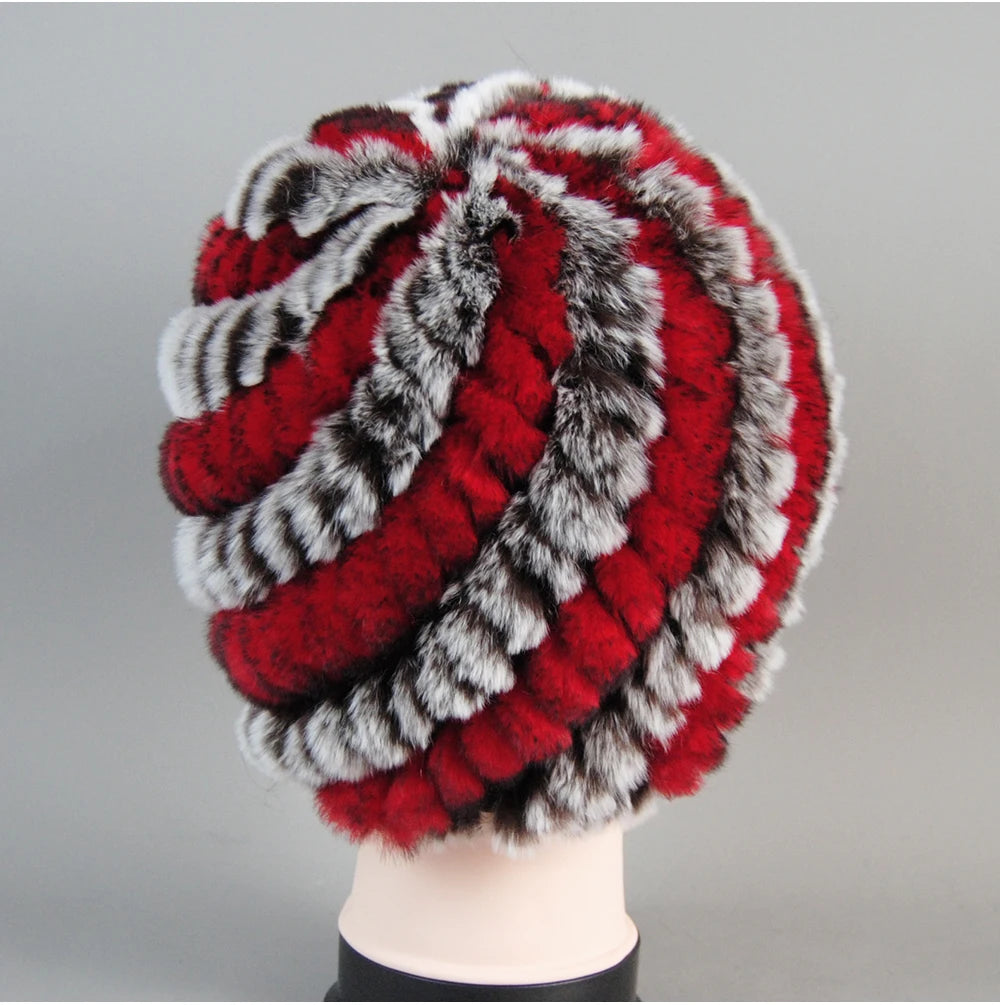 Real Rex Rabbit Winter Fur Hat For Women Russian Real Fur Knitted Cap