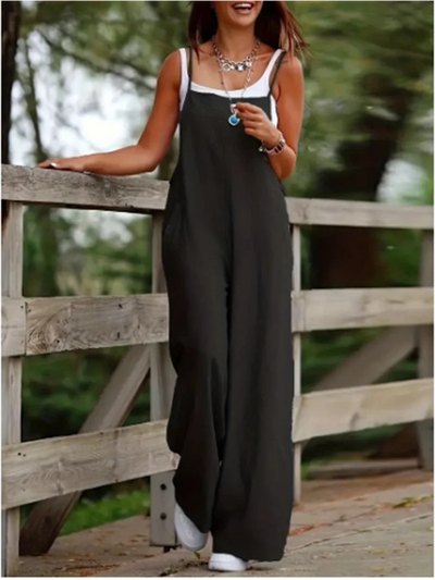 Sleeveless Jumpsuit with Suspender Loose Casual Pocket Monochromatic Summer