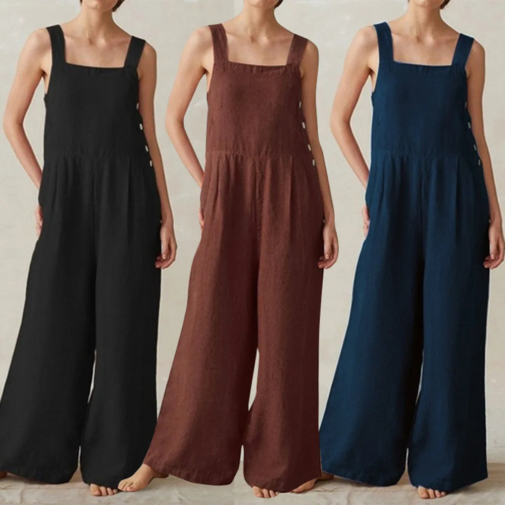 Women Cotton Linen Wide Leg Overalls Summer Fashion Off The Shoulder Sleeveless