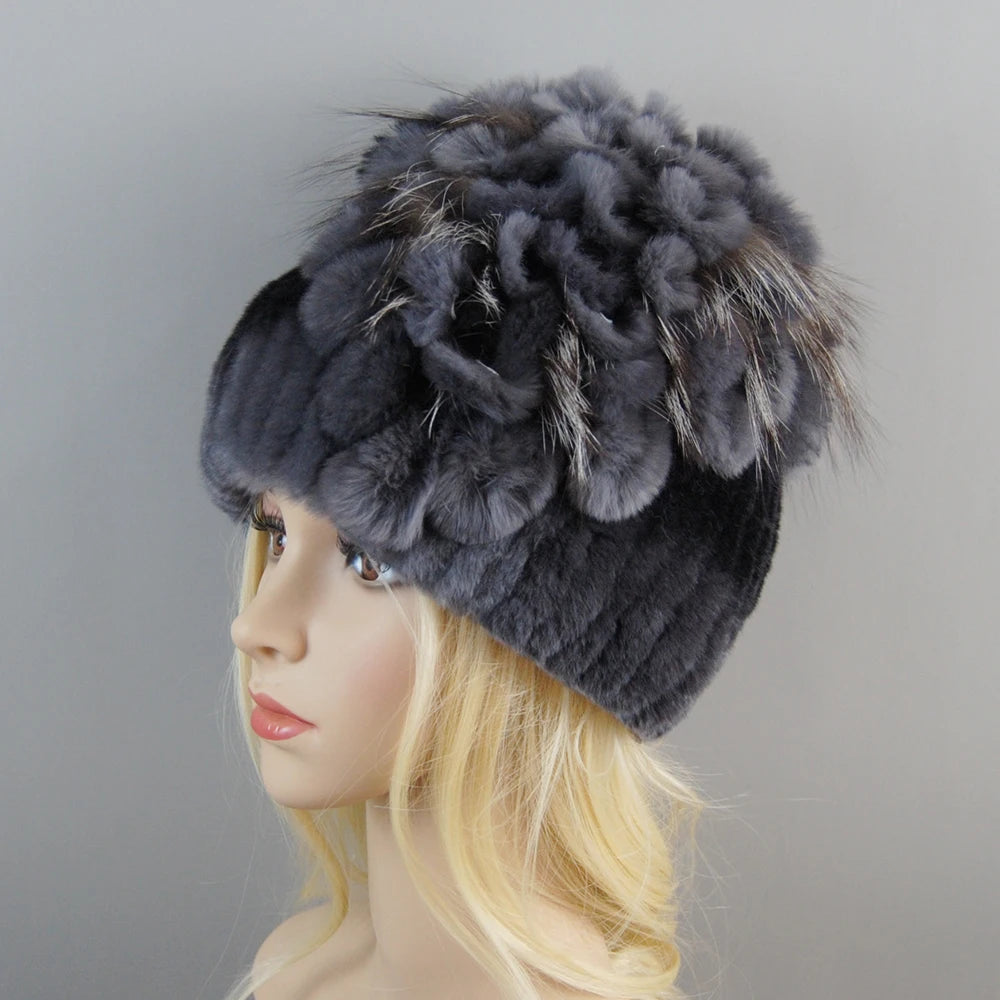 Luxury Women Fur Hat For Winter Handmade Natural Rex Rabbit Fox .