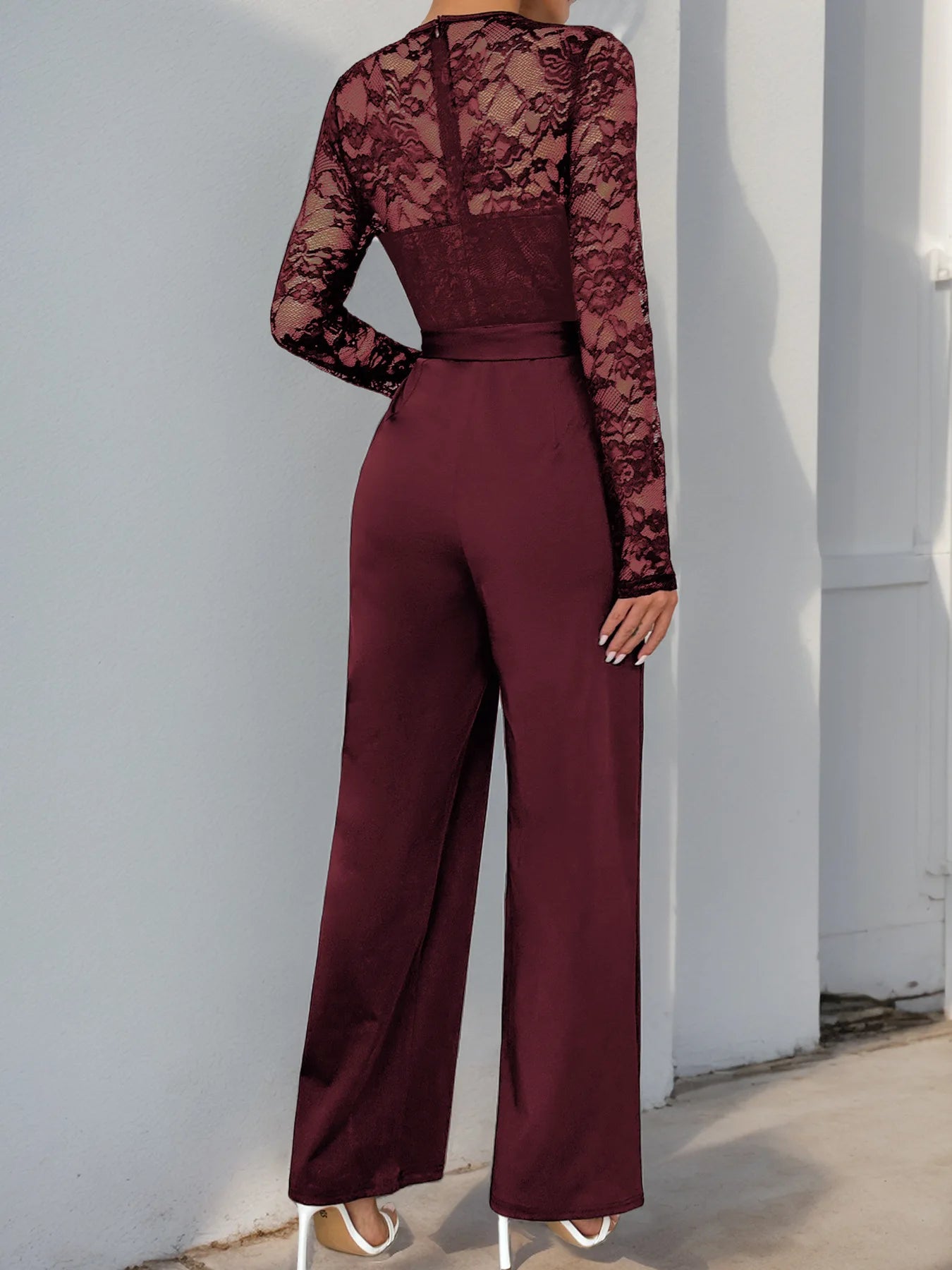 Hollow O-neck Patchwork High-waisted Lace-up Elegant Fashion.