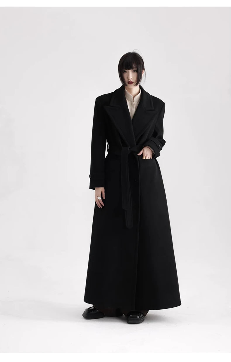 Winter Luxury Extra Long Black Warm Soft Wool & blends Coat for Women