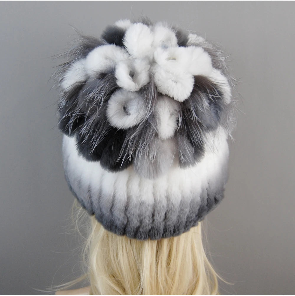 Luxury Women Fur Hat For Winter Handmade Natural Rex Rabbit Fox .