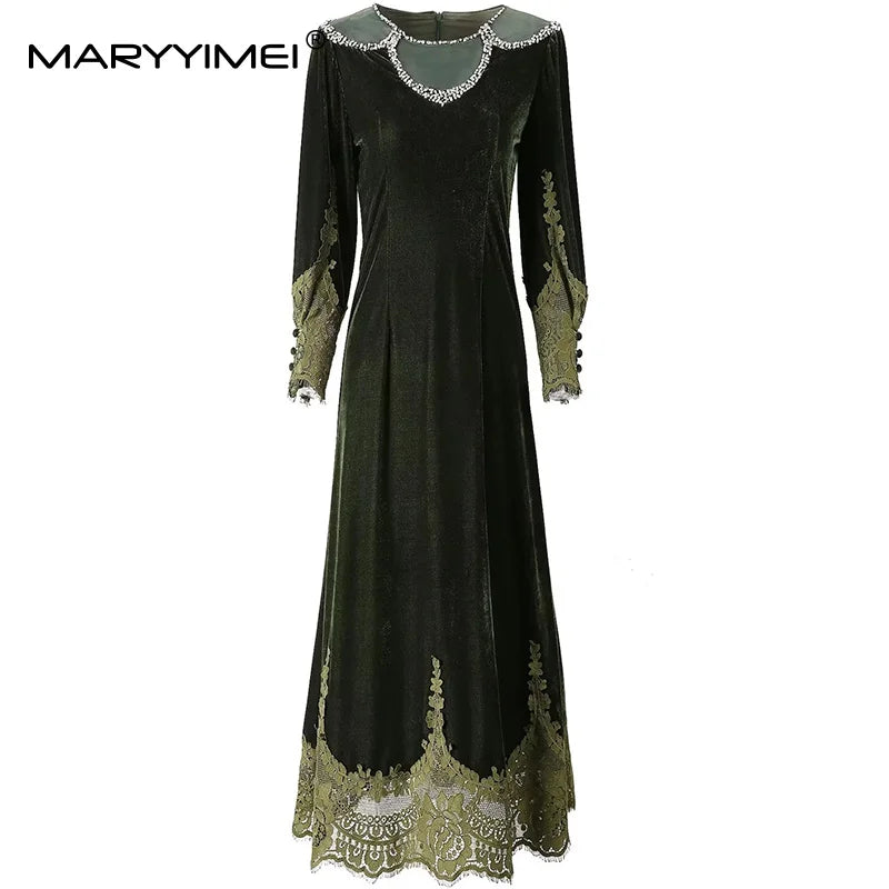 MARYYIMEI Fashion design Women's Dress Lace Splicing Long-Sleeved Beading Pretty Slim-Fit Hip Wrap Elegant Velvet Dresses