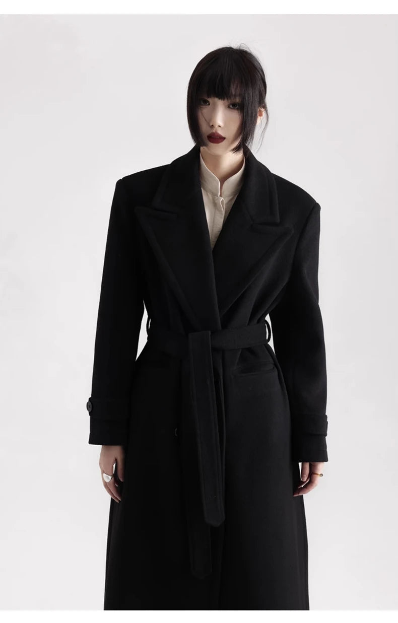 Winter Luxury Extra Long Black Warm Soft Wool & blends Coat for Women