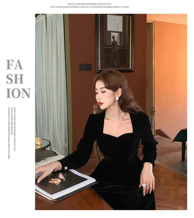 Gold Velvet Women's Dress Elegant Waist-Cinching Ladylike Style