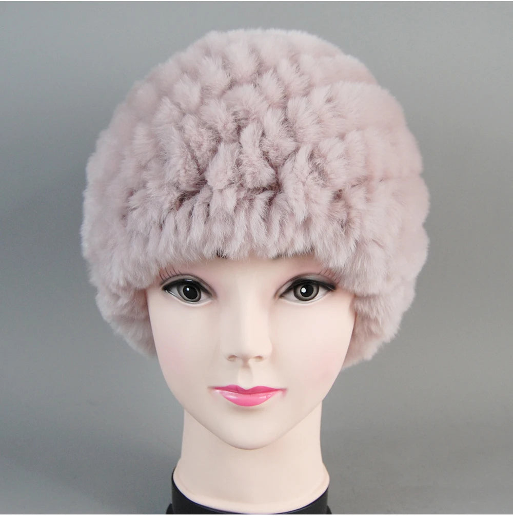 Real Rex Rabbit Winter Fur Hat For Women Russian Real Fur Knitted Cap