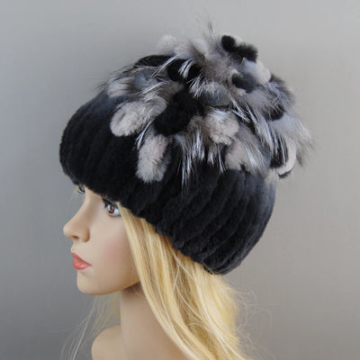 Luxury Women Fur Hat For Winter Handmade Natural Rex Rabbit Fox .
