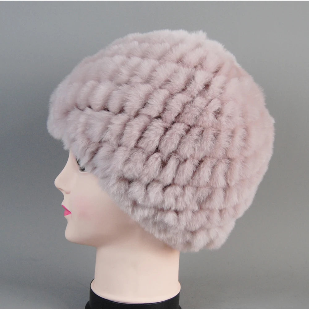 Real Rex Rabbit Winter Fur Hat For Women Russian Real Fur Knitted Cap