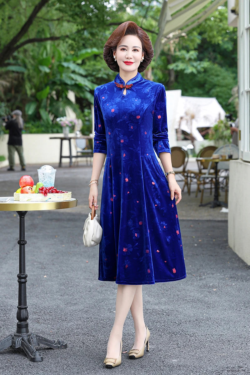 Embroidery Gold Velvet Cheongsam Long Dress Women