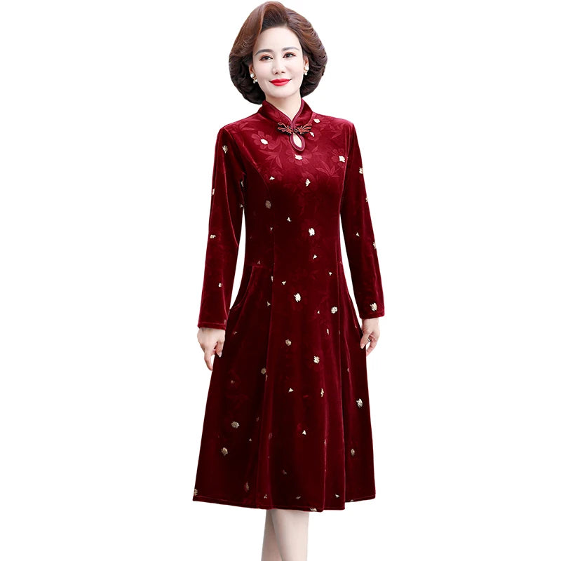 Embroidery Gold Velvet Cheongsam Long Dress Women