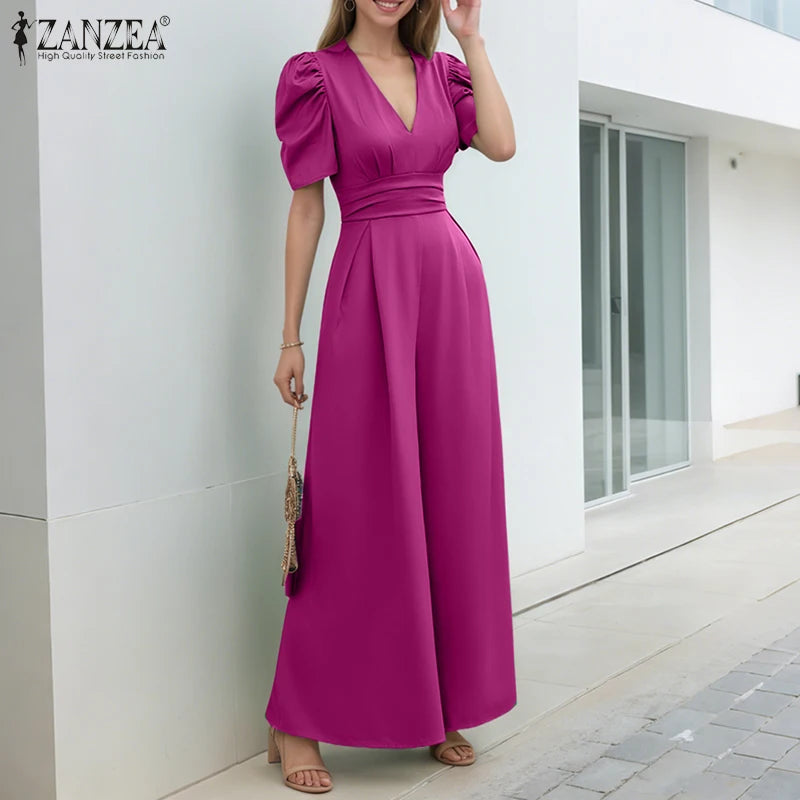 Office Casual Loose Short Sleeve Playsuits Solid Color Wide Leg Jumpsuits