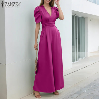 Office Casual Loose Short Sleeve Playsuits Solid Color Wide Leg Jumpsuits