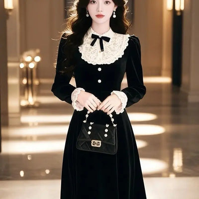 Velvet Dress Women Fashion Lace Patcwork Bow Puff Sleeve Midi Length