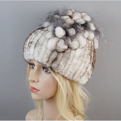Luxury Women Fur Hat For Winter Handmade Natural Rex Rabbit Fox .
