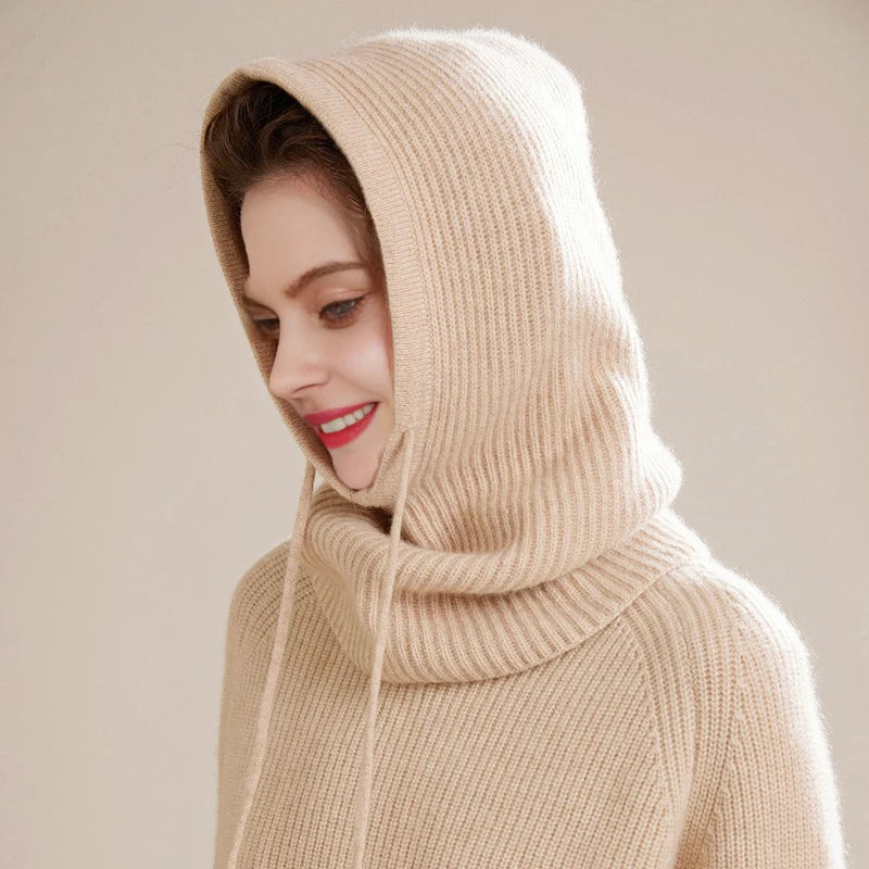 Wool Knitted Balaclava Hat For Women Winter Hooded Drawstring Skullies Cap