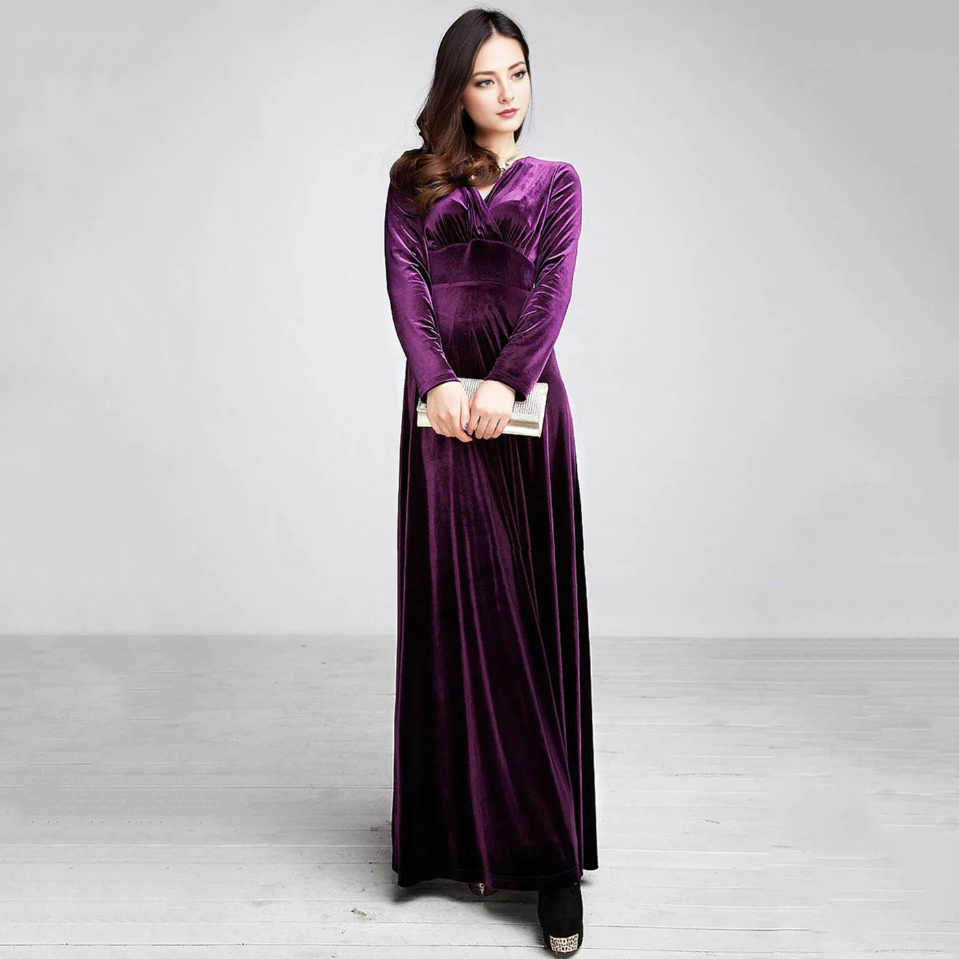 Long Sleeve V Neck Pleated Velvet Banquet Party Maxi Dress Party Wedding