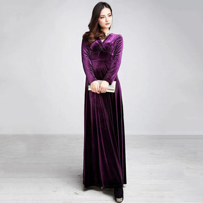 Long Sleeve V Neck Pleated Velvet Banquet Party Maxi Dress Party Wedding