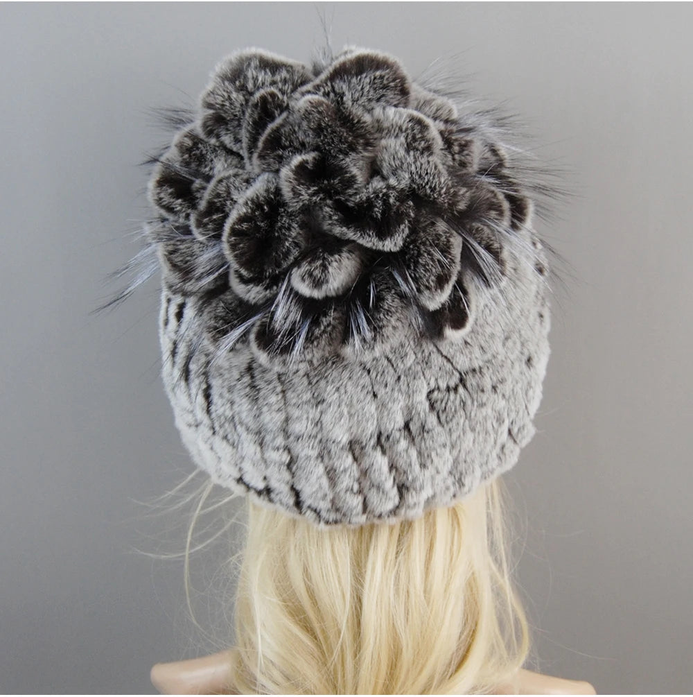 Luxury Women Fur Hat For Winter Handmade Natural Rex Rabbit Fox .