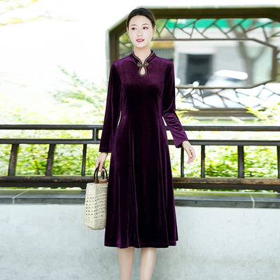 Long Dresses Female Golden Velvet Cheongsam Dress