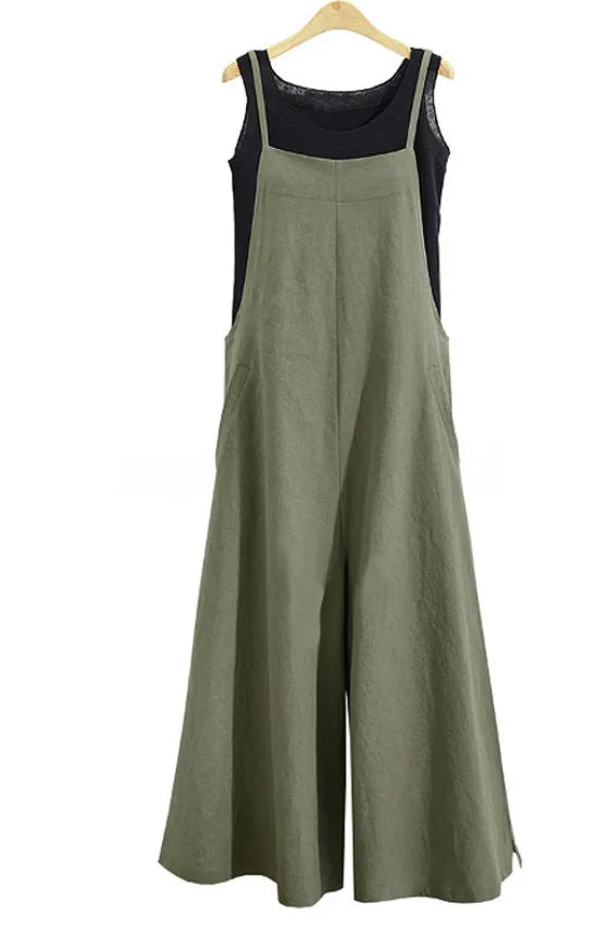 Sleeveless Jumpsuit Solid Color Wide Leg Casual Loose Cotton Linen