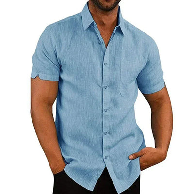 Cotton Linen Shirts for Men Casual Short Sleeved Shirts Blouses Solid Turn-Down Collar