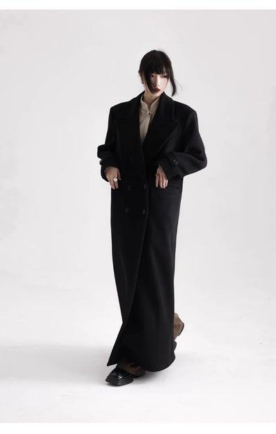 Winter Luxury Extra Long Black Warm Soft Wool & blends Coat for Women