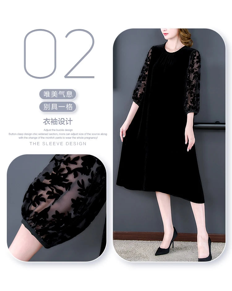 Velvet Chic Hook Flower Hollow Sexy Midi Dress Women Solid