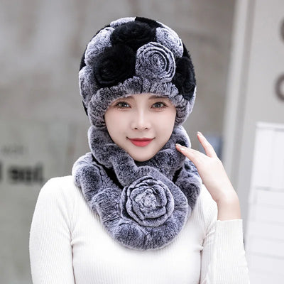 Winter Fur Hat Scarf Sets Natural Warm Real Rex Rabbit Fur