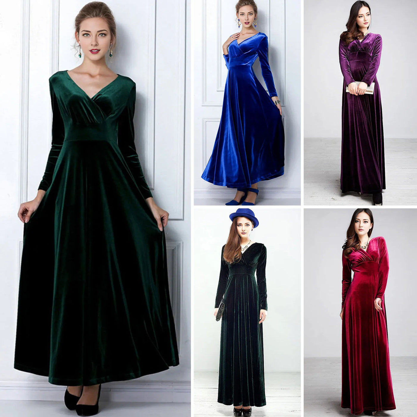 Long Sleeve V Neck Pleated Velvet Banquet Party Maxi Dress Party Wedding