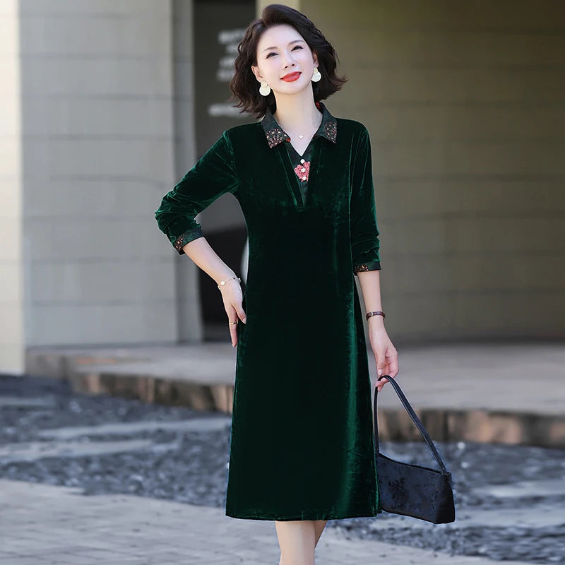 Velvet Midi Dress Women's Velvet Full Sleeve Knee-length Regular Shirt