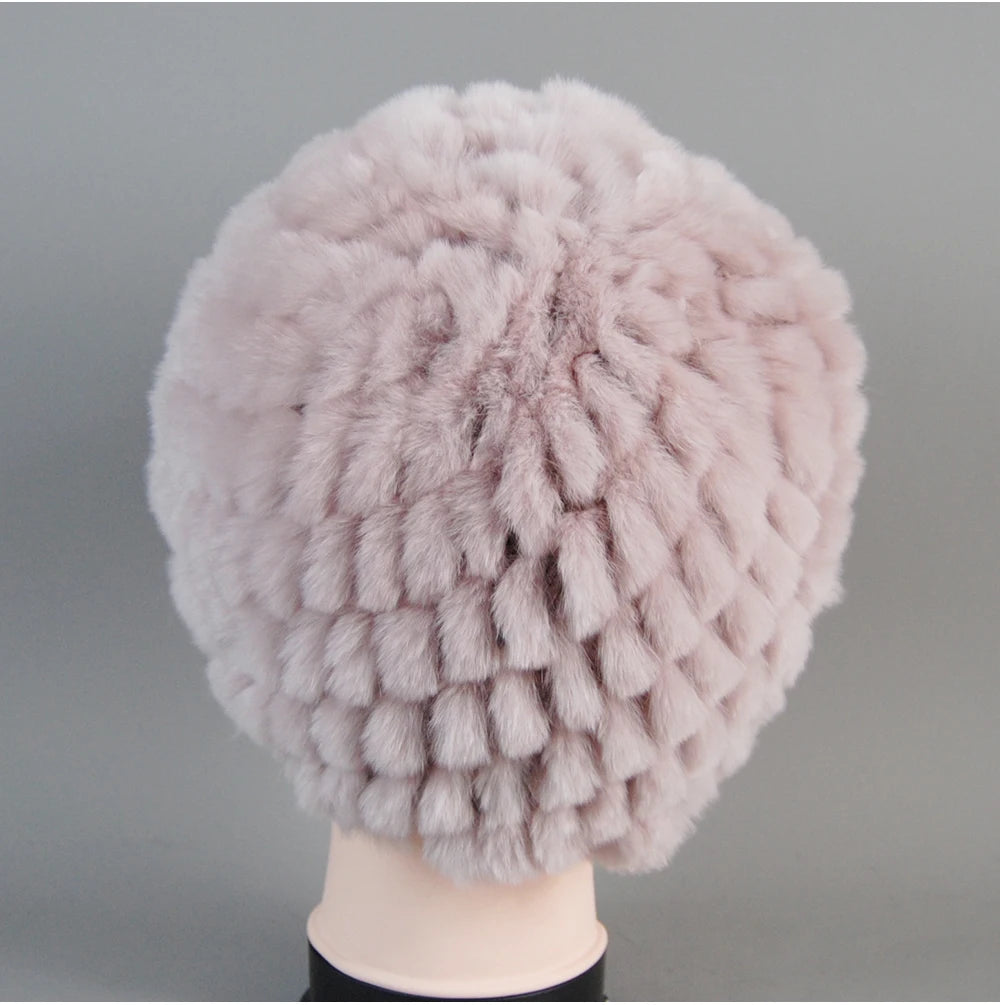 Real Rex Rabbit Winter Fur Hat For Women Russian Real Fur Knitted Cap