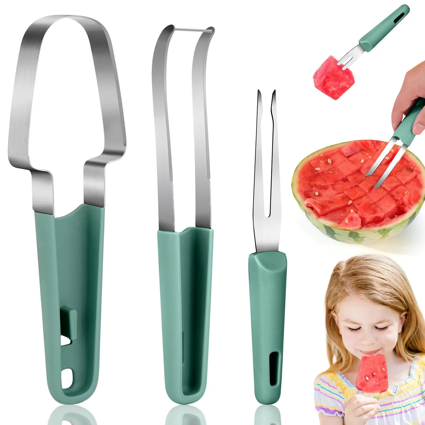 Watermelon Fork Slicer Cutter, Stainless Steel Fruit 3-in-1