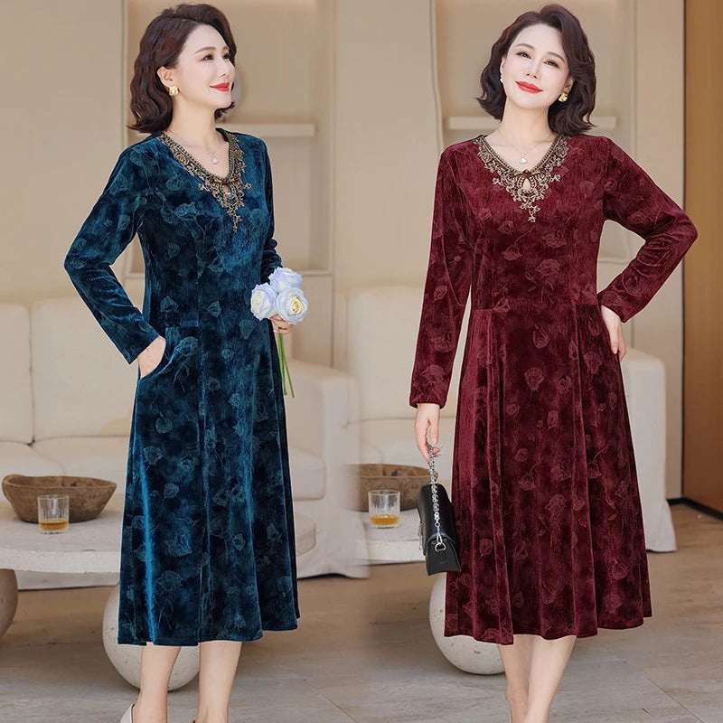 V-Neck Long Sleeve Velvet Dress Women's Meticulous Pocket Mid-Length Gown