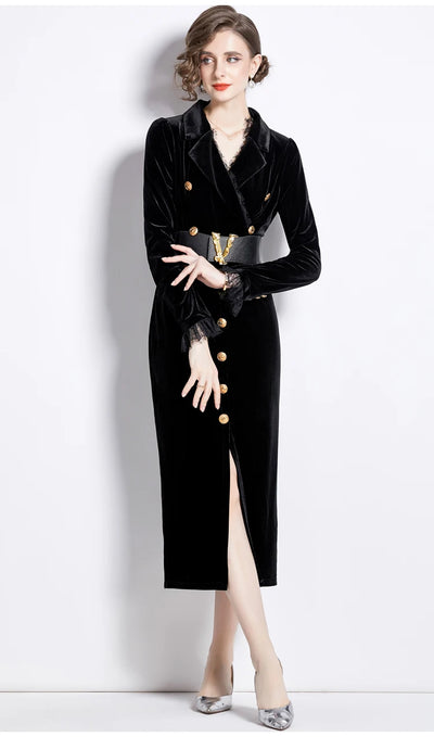 V-Neck Velvet Dress Women Long Sleeve Fashion Metre Buttons Split Sheath
