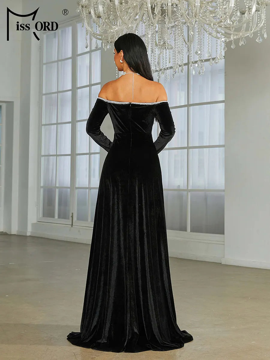 Velvet Evening Dress women Off Shoulder Long Sleeve Thigh Split