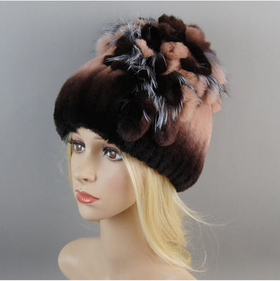 Luxury Women Fur Hat For Winter Handmade Natural Rex Rabbit Fox .