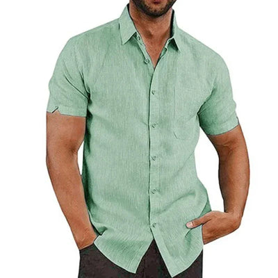 Cotton Linen Shirts for Men Casual Short Sleeved Shirts Blouses Solid Turn-Down Collar