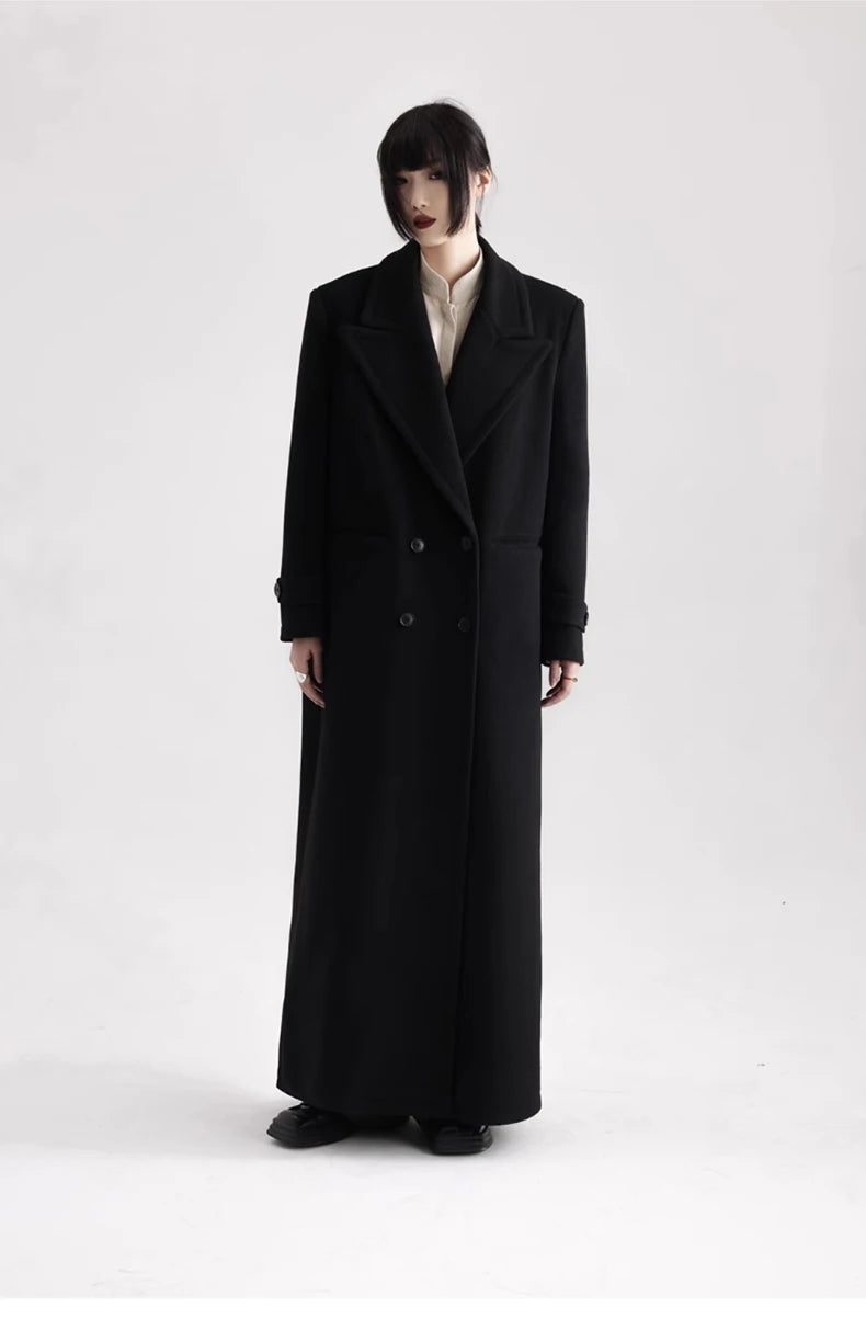 Winter Luxury Extra Long Black Warm Soft Wool & blends Coat for Women