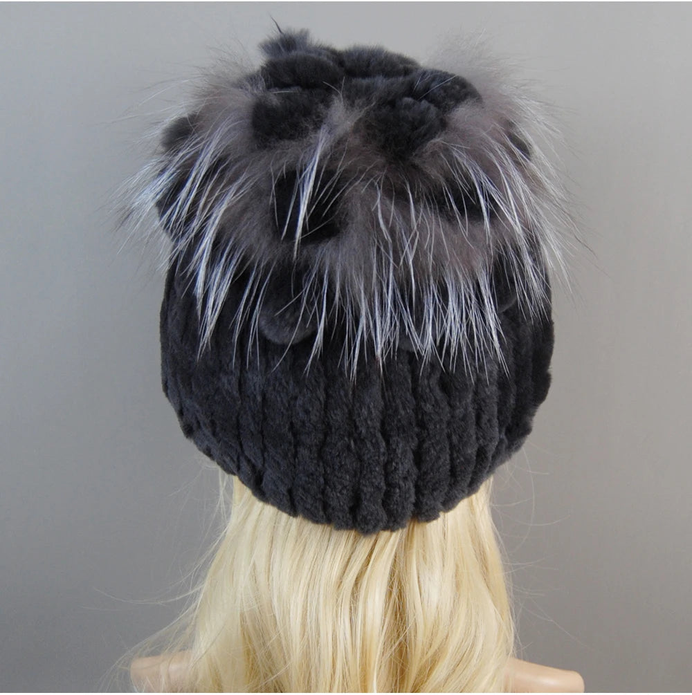 Luxury Women Fur Hat For Winter Handmade Natural Rex Rabbit Fox .