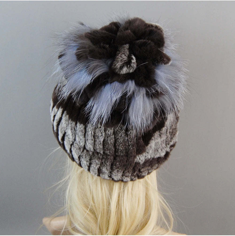 Luxury Women Fur Hat For Winter Handmade Natural Rex Rabbit Fox .