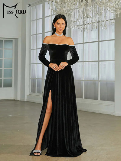 Velvet Evening Dress women Off Shoulder Long Sleeve Thigh Split