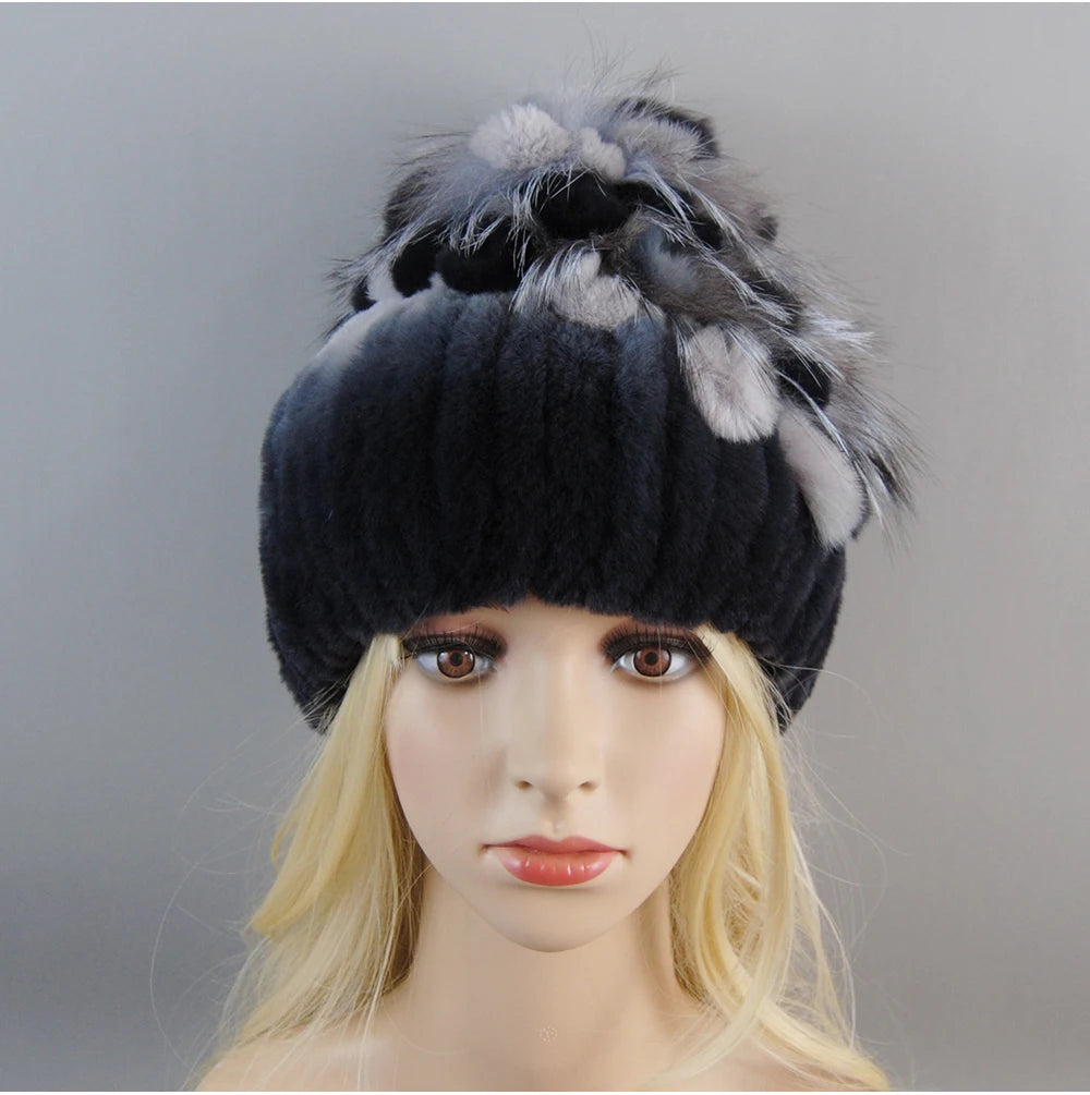 Luxury Women Fur Hat For Winter Handmade Natural Rex Rabbit Fox .
